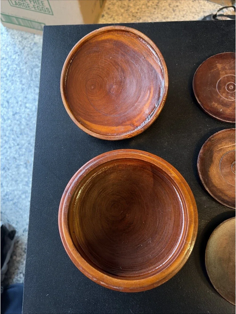 Vintage Wood Coasters set of 6 Round Box & Lid Hand Carved